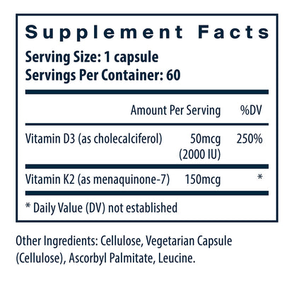 Vitamin D3 + K2 - 60 Vegetarian Capsules